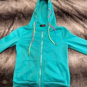 Teal hoodie with rainbow strings